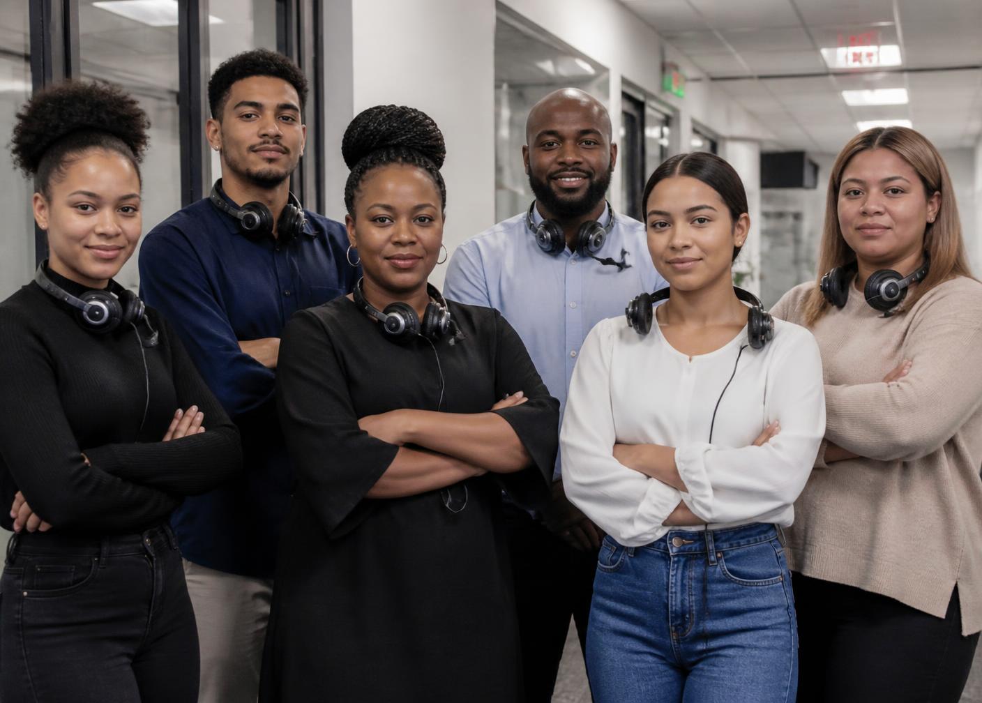 Call centre workers standing together for fair workplaces